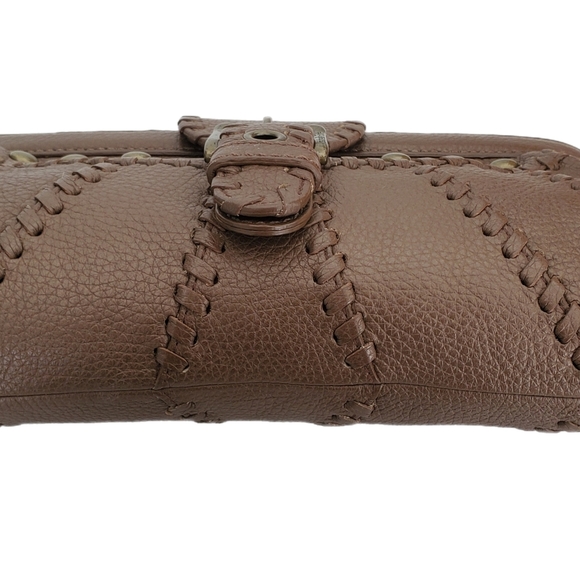 Isabella Fiore Brown Leather Bronze Studded Accents Clutch Handbag - Picture 3 of 7